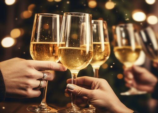 grupo de gente brindando con copas de champagne sobre fondo desenfocado con bokeh dorado, concepto navidad, celebraciones