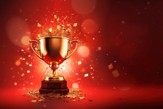 Generative AI, Winner trophy with flames, red golden champion cup with falling confetti on red background.	