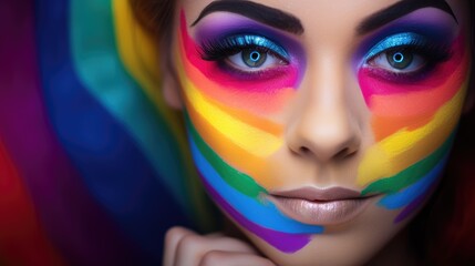 Fototapeta premium Pride flag colors on a girl's face and on hte background