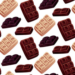 Seamless pattern with dark, white chocolate bar pieces, candy. Chunks and blocks of brown chocolate. Milk sweet dessert, cooking ingredient for confectionery shop. Vector for poster, banner, website.