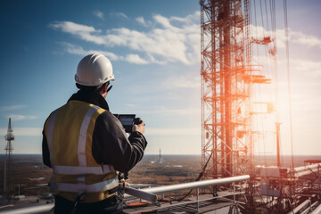 engineer wearing safety gear working at top of signal antenna.Working at height - Powered by Adobe