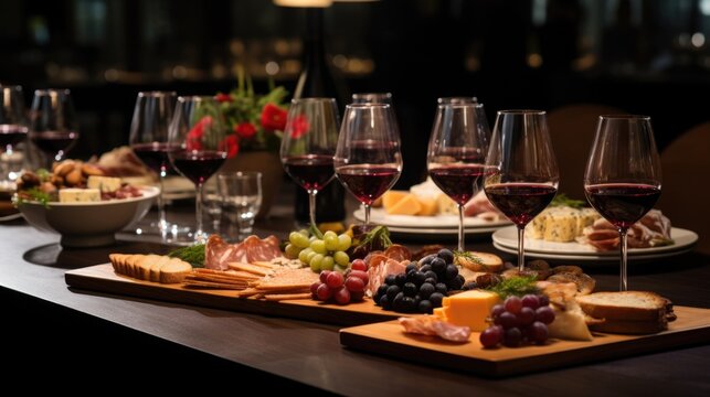 Corporate meeting daylight table with delicious appetizers and red wine in wine glasses at corporate meeting or as a part of wedding services