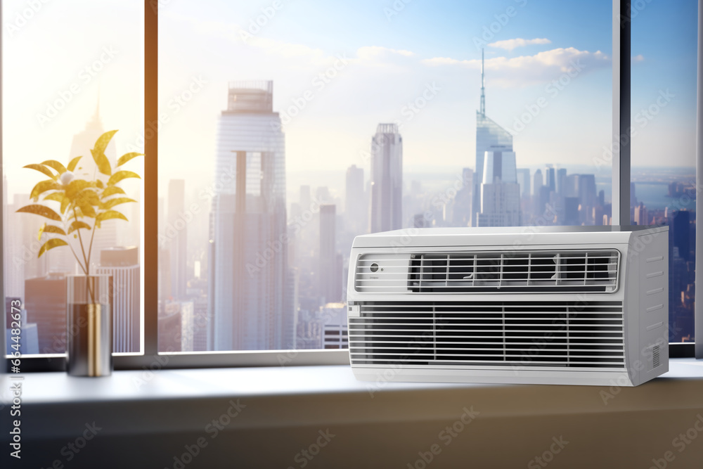 Poster Strategically placed on a windowsill, a small AC unit captures the reflections of towering urban structures, juxtaposing nature's breeze with man-made coolness.