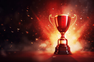 Generative AI, Winner trophy with flames, red golden champion cup with falling confetti on red background.	