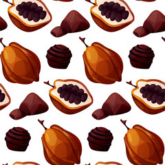 Seamless pattern with cocoa bean, dark, white chocolate bar pieces, candy. Chunks, blocks of brown chocolate. Milk sweet dessert, cooking ingredient for confectionery shop. Vector for poster, banner.