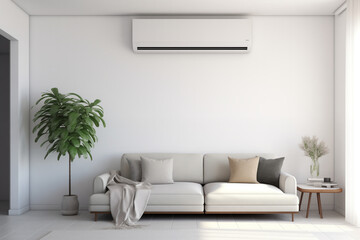 On a pristine white wall, a contemporary air conditioner provides comfort, ensuring the living room remains a haven of coolness and tranquility.