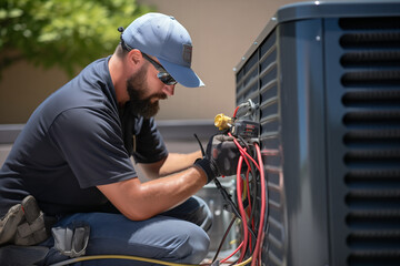 Outdoors, an HVAC expert meticulously tends to a condenser unit, executing maintenance checks to guarantee its utmost efficacy in the scorching heat. - obrazy, fototapety, plakaty