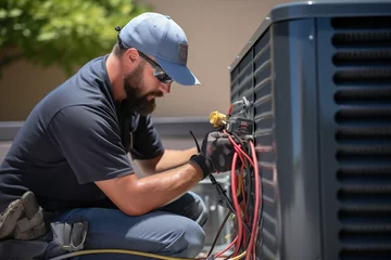 Foto op Canvas Outdoors, an HVAC expert meticulously tends to a condenser unit, executing maintenance checks to guarantee its utmost efficacy in the scorching heat. © Davivd