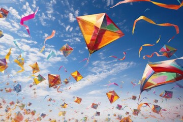 Colorful kites soaring in the sky with messages of love and unity.