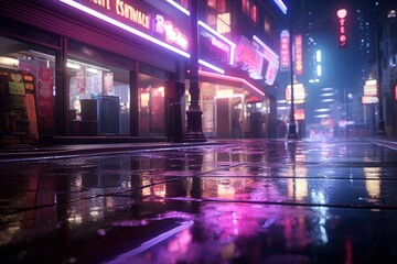 Cinematic rainy street scene, illuminated by neon lights, with reflection on wet pavement.