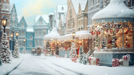 A snowy village square with a charming Christmas market and festive decorations