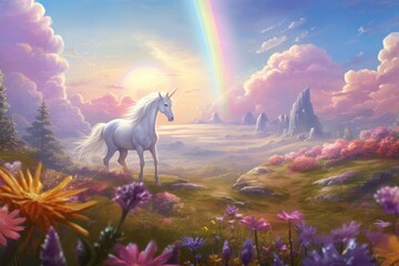 Dreamlike meadow with unicorns grazing and a shimmering rainbow in the distance.