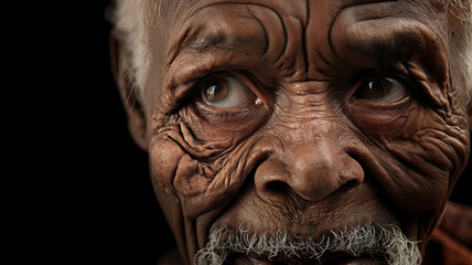 Very close-up of an older African man with very wrinkled facial skin