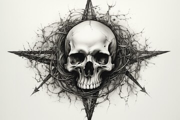 Detailed tattoo art featuring a black and white pentagram with a central skull. Generative AI