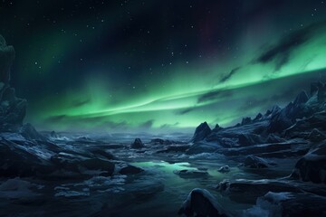 Fototapeta premium Frozen tundra with aurora borealis illuminating the sky.