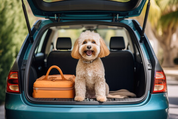 A fluffy dog sits in a car trunk, ready for a journey. - obrazy, fototapety, plakaty