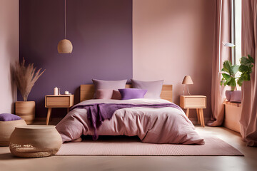 Cozy sustainable master bedroom in natural colors with wooden furniture, stylish interior pink and calm purple
