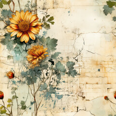 Seamless vintage beautiful flowers on grunge background, ai generative