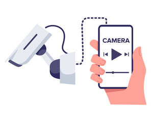 Hand hold mobile phone with home application to control in house safety.Ip camera connected to smart phone.Video surveillance.Cctv and mobile application.Security camera.Cartoon flat vector.