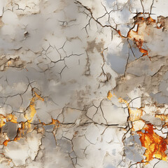 Seamless cracked concrete wall with gold background, ai generative pattern