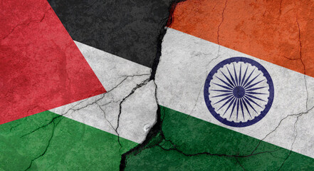 Palestine and India flags, concrete wall texture with cracks, grunge background, military conflict concept - obrazy, fototapety, plakaty