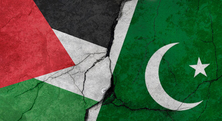 Palestine and Pakistan flags, concrete wall texture with cracks, grunge background, military conflict concept