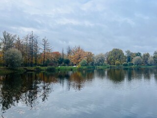 Fototapeta na wymiar autumn trees reflection on the pond surface in the park