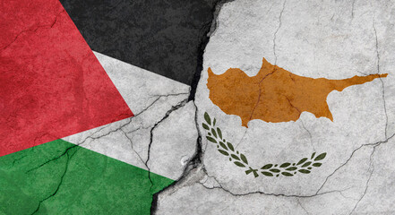 Palestine and Cyprus flags, concrete wall texture with cracks, grunge background, military conflict concept