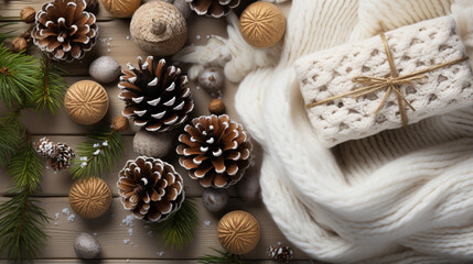 Fototapeta na wymiar Christmas gift, knitted blanket, pine cones, fir branches on wooden white background. generative ai