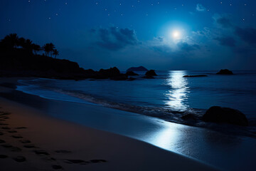 Fototapeta na wymiar Nocturnal Bliss: Calm Ocean Waves in Moonlight