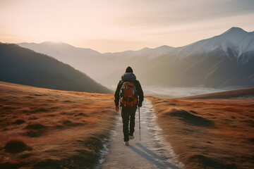 Hiker on the way to the mountains - obrazy, fototapety, plakaty