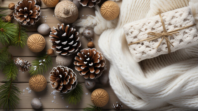 Christmas gift, knitted blanket, pine cones, fir branches on wooden white background. generative ai