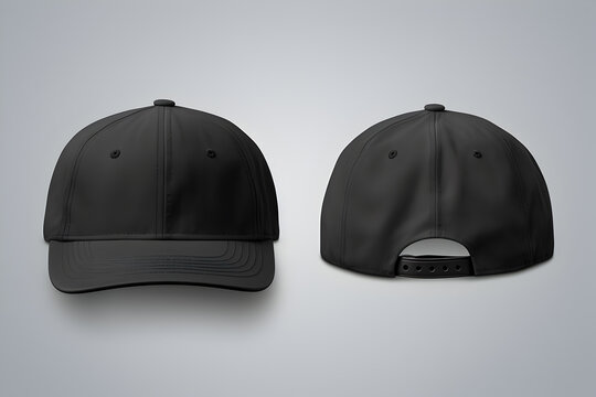 Blank black baseball cap, front and back view for mockup