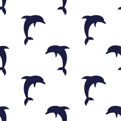 Dark blue dolphins on white background vector seamless pattern. Marine underwater life. Best for textile, wallpapers, wrapping paper, package and home decoration.