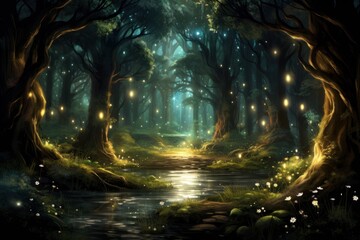 Mystical forest with a hidden glade illuminated by fireflies. - obrazy, fototapety, plakaty