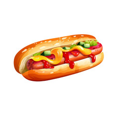 Hot Dog Watercolor Illustration on Transparent Background - Tasty Fast Food Art