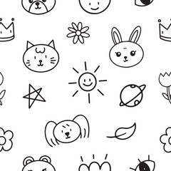 doodle animal cartoon hand drawn with black line seamless pattern background for illustration, wrapping, wallpaper
