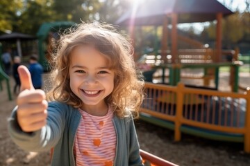 Cute little blonde girl wearing showing thumbs up in a playground outdoors.