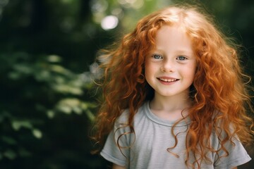 portrait of a cute charming little red-haired caucasian girl. concept of happy lifestyle in childhood