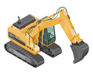 excavator backhoe isometric Construction vehicle yellow heavy machine work machinery cartoon vector © AllahFoto