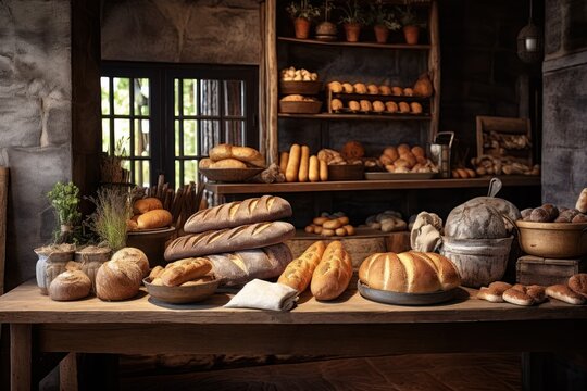 Rustic bakery setting with freshly baked bread and pastries on display.