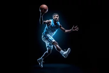 Fotobehang Basketball superstar leaps through the air, isolated against a black studio background, surrounded by dramatic lighting and smoke effects. Generative AI. © Surachetsh
