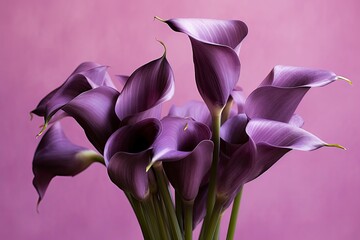 Bouquet of purple calla lilies against purple background. - obrazy, fototapety, plakaty