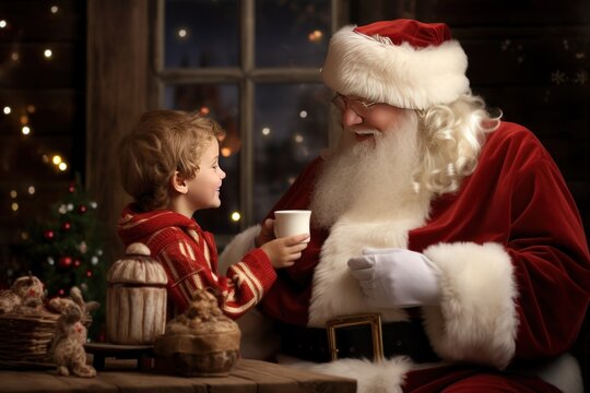 Santa Claus sharing cocoa with a young child, listening to their wishes.