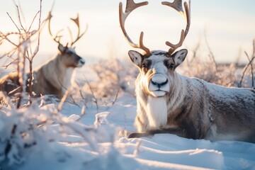 Santa's reindeer resting in a snowy field, taking a break from their flight.