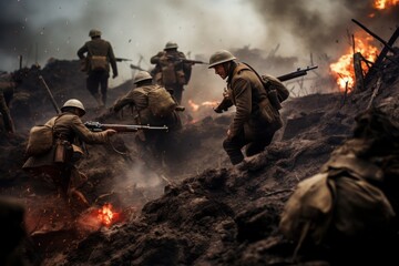  Soldiers in trenches during an intense battle scene.