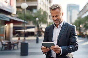 Naklejka na ściany i meble Smiling elegant mid aged business man wearing suit standing outside office holding digital tablet. Mature businessman professional using fintech device working on modern technology gadget.