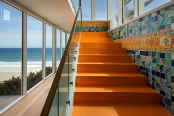 A vibrant beach house staircase overlooking the ocean and beach, with colorful tile stairs on the side. Generative AI