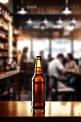 close up of a bottle of beer with blurred Bartender and bar in the back with empty copy space	
