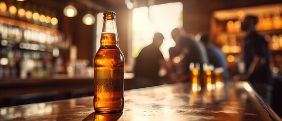 close up of a bottle of beer with blurred Bartender and bar in the back with empty copy space	
